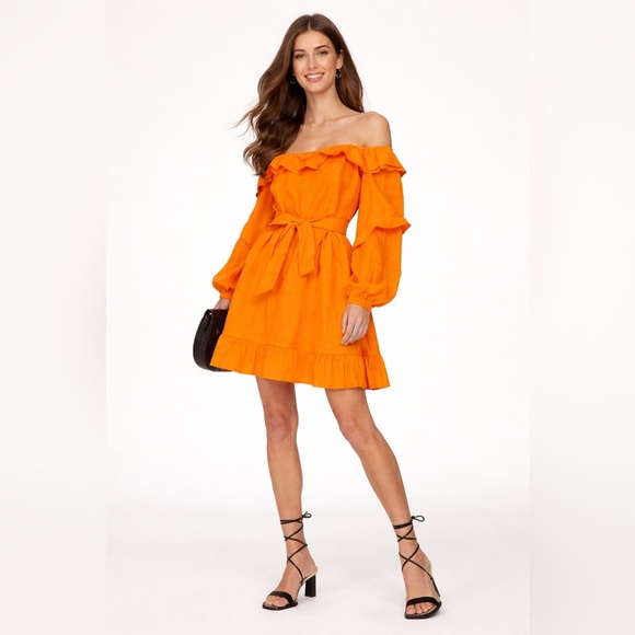 Marissa Webb Orange Cold Shoulder Ruffle Dress Linen Blend Sz 6 - Picture 2 of 6